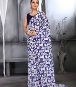 Women'S Navy Blue Faux Georgette Digital Printed Designer Saree With Blouse