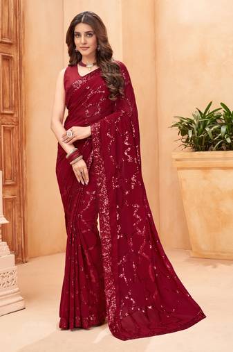 Women'S Maroon Faux Blooming Sequins Work Designer Saree With Blouse