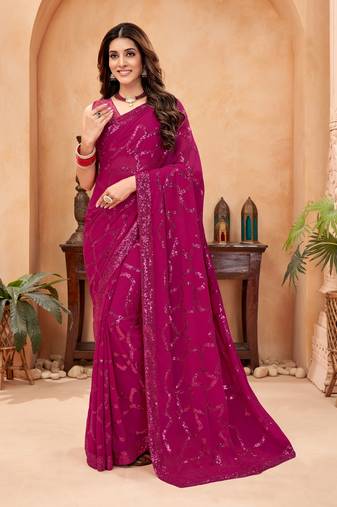 Women'S Pink Faux Blooming Sequins Work Designer Saree With Blouse