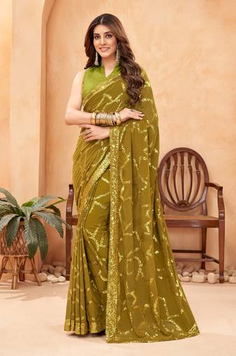 Women'S Olive Green Faux Blooming Sequins Work Designer Saree With Blouse