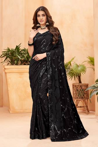 Women'S Black Faux Blooming Sequins Work Designer Saree With Blouse