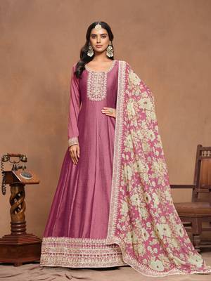 Pink embroidered art silk semi stitched anarkali suit 1