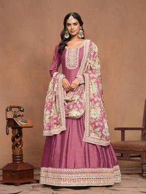 Pink embroidered art silk semi stitched anarkali suit 2
