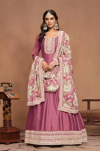 Pink embroidered art silk semi stitched anarkali suit
