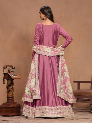 Pink embroidered art silk semi stitched anarkali suit 3
