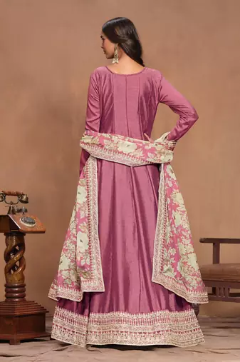 Pink embroidered art silk semi stitched anarkali suit