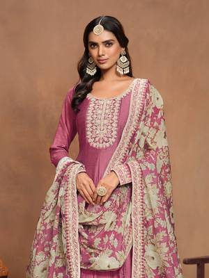 Pink embroidered art silk semi stitched anarkali suit 4