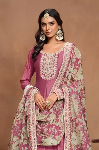 Pink embroidered art silk semi stitched anarkali suit