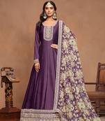 Purple embroidered art silk semi stitched anarkali suit