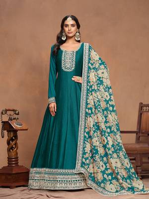 Teal green embroidered art silk semi stitched anarkali suit 1