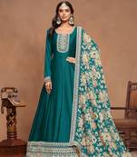 Teal green embroidered art silk semi stitched anarkali suit