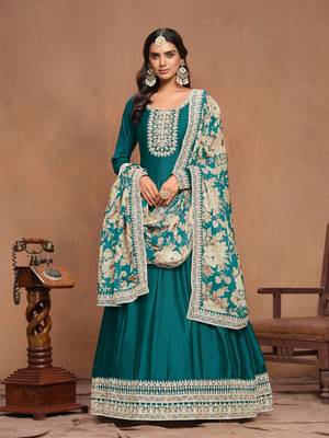 Teal green embroidered art silk semi stitched anarkali suit 2