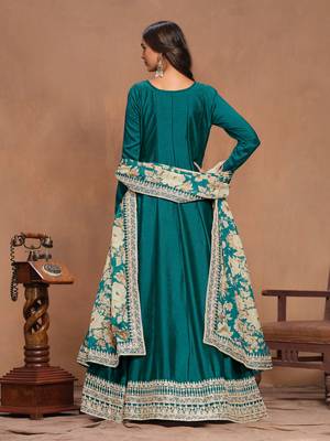Teal green embroidered art silk semi stitched anarkali suit 3