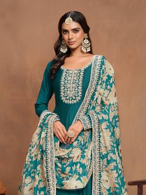 Teal green embroidered art silk semi stitched anarkali suit 4