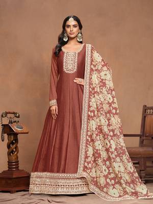 Coffee embroidered art silk semi stitched anarkali suit 1