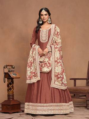 Coffee embroidered art silk semi stitched anarkali suit 2