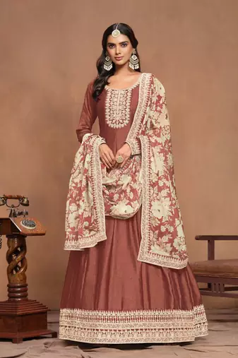 Coffee embroidered art silk semi stitched anarkali suit