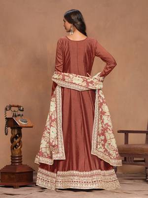 Coffee embroidered art silk semi stitched anarkali suit 3
