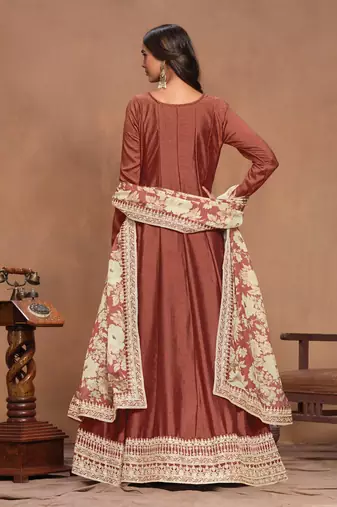 Coffee embroidered art silk semi stitched anarkali suit