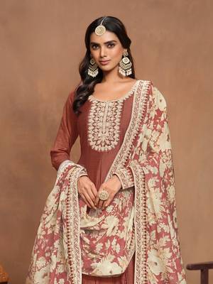 Coffee embroidered art silk semi stitched anarkali suit 4