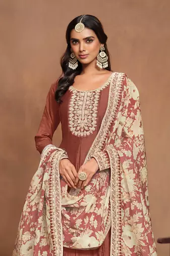 Coffee embroidered art silk semi stitched anarkali suit