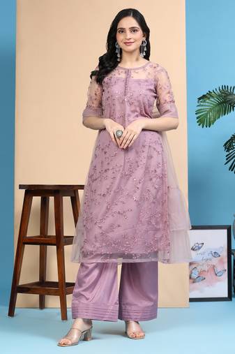 Net Embroidery Sequence Work Kurta Palazzo Set with Dupatta Purple Kurta Set