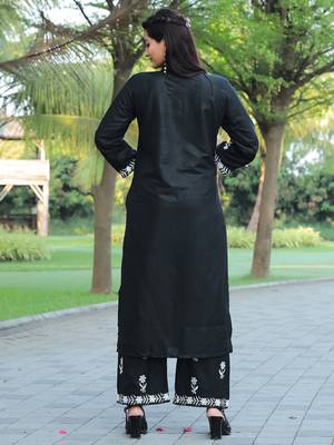 Black Embroidered Straight Chikankari Kurti with Rayon Palazzo - Stitched 5
