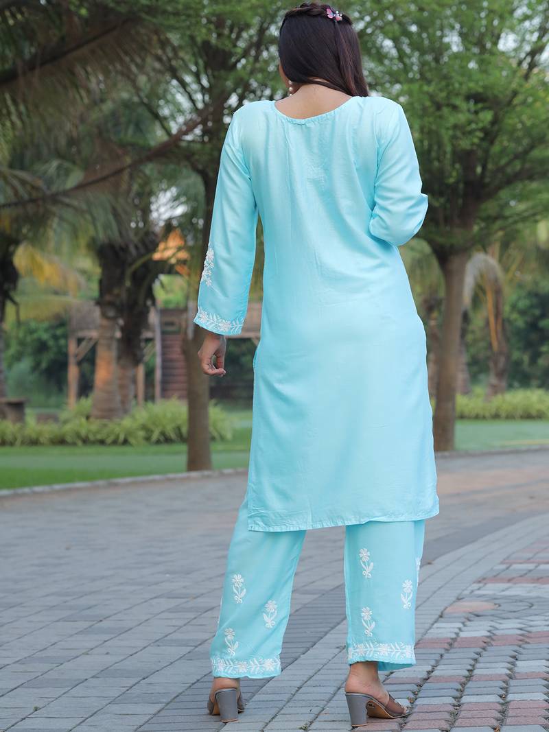 women's rayon lucknowi chikankari work straight kurta palazzo set for women