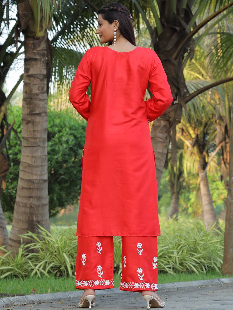 women's rayon lucknowi chikankari work straight kurta palazzo set for women