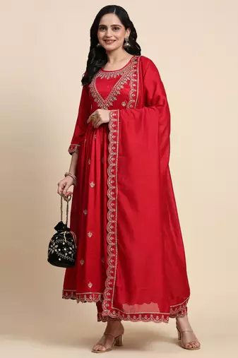 Trendmalls  Vichitra Silk Sequence Embroidery Anarkali Kurta Pant Salwar Suit Set Kurta Set for Women