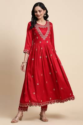  Vichitra Silk Sequence Embroidery Anarkali Kurta Pant Salwar Suit Set Kurta Set for Women 5