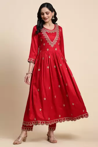 Trendmalls  Vichitra Silk Sequence Embroidery Anarkali Kurta Pant Salwar Suit Set Kurta Set for Women