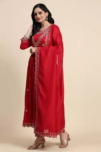 Trendmalls  Vichitra Silk Sequence Embroidery Anarkali Kurta Pant Salwar Suit Set Kurta Set for Women