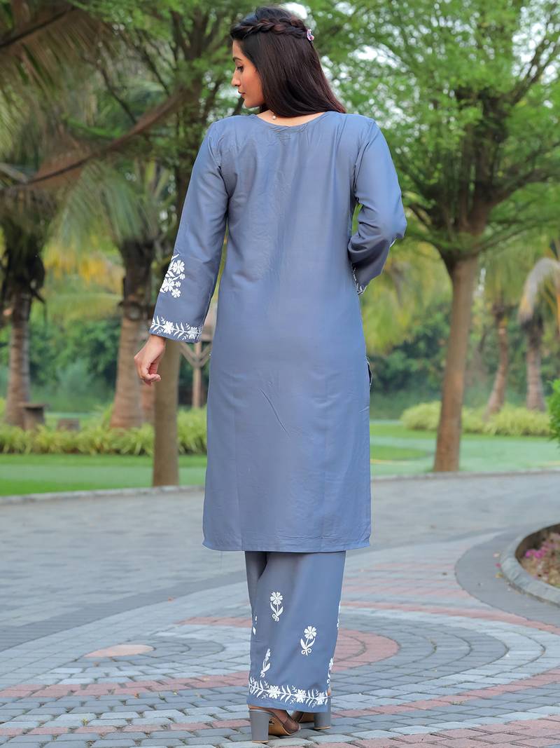Women's Grey Rayon Chikankari Kurti Set