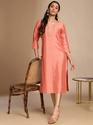 Janasya women's peach silk blend solid straight kurta 2