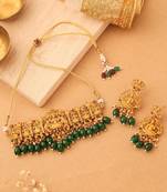 Necklace with Laxmi Motif and Green Stone Earrings