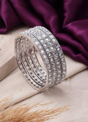 Modern Fusion: Silver Bangles with Square Diamond Engravings 2