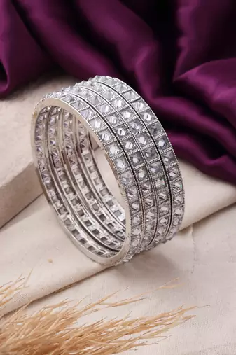 Modern Fusion: Silver Bangles with Square Diamond Engravings
