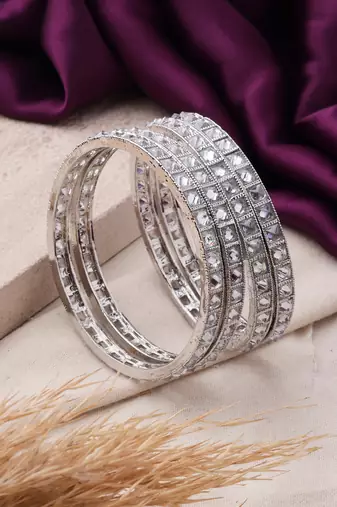 Modern Fusion: Silver Bangles with Square Diamond Engravings