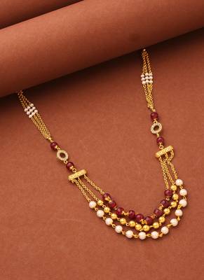 Multilayer Necklace with Red Stones, Pearls, and Gold Balls 1