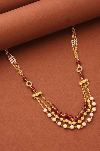 Multilayer Necklace with Red Stones, Pearls, and Gold Balls