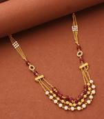 Multilayer Necklace with Red Stones, Pearls, and Gold Balls