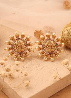 Gold Stud Earrings with Laxmi Motif 1