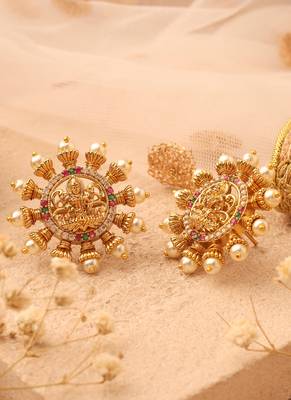 Gold Stud Earrings with Laxmi Motif 2