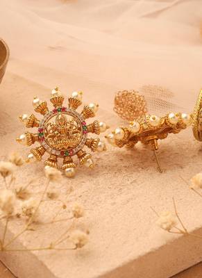 Gold Stud Earrings with Laxmi Motif 3