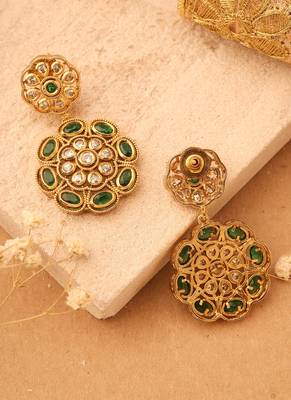 Gold Plated Earrings with Green Stone 2