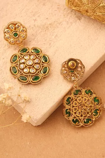 Gold Plated Earrings with Green Stone