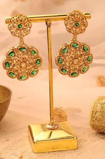 Gold Plated Earrings with Green Stone
