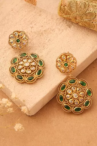 Gold Plated Earrings with Green Stone