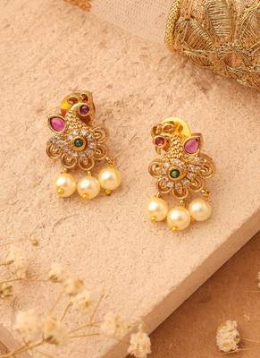 Gold Stud Earrings with Peacock Design and American Stones 1